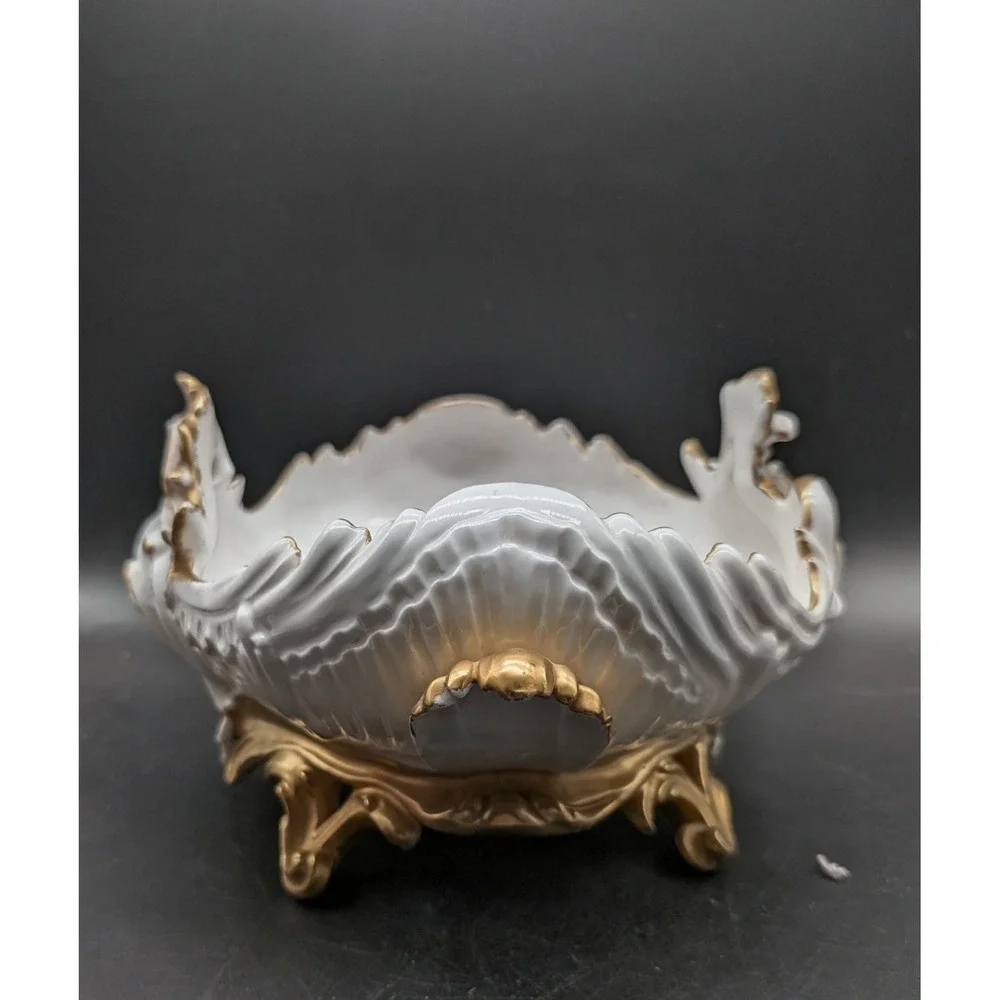 Vintage Hand Painted Floral Porcelain Centerpiece Bowl Gold Gilt Cherub Footed